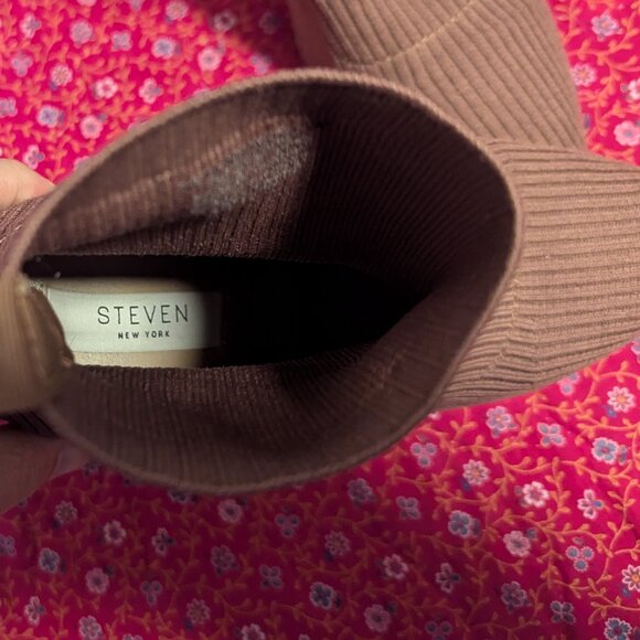 Steven New York Nichol Knit Bootie Ribbed Sock Boot Pull On Block Heel Chocolate - Picture 4 of 11